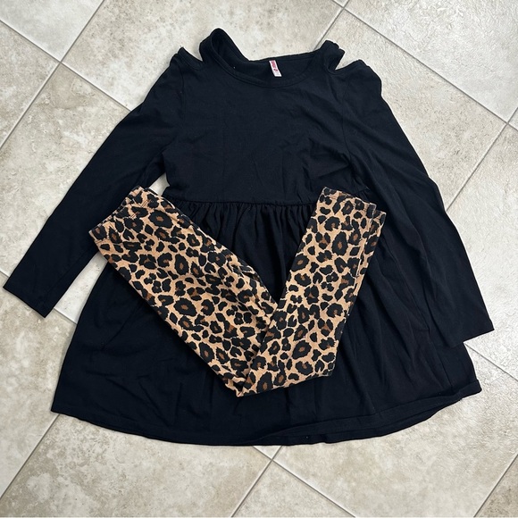 Girls 10/12 Cold Shoulder‎ Dress & Leopard Leggings Set – FabKids Tween Outfit - Picture 1 of 9